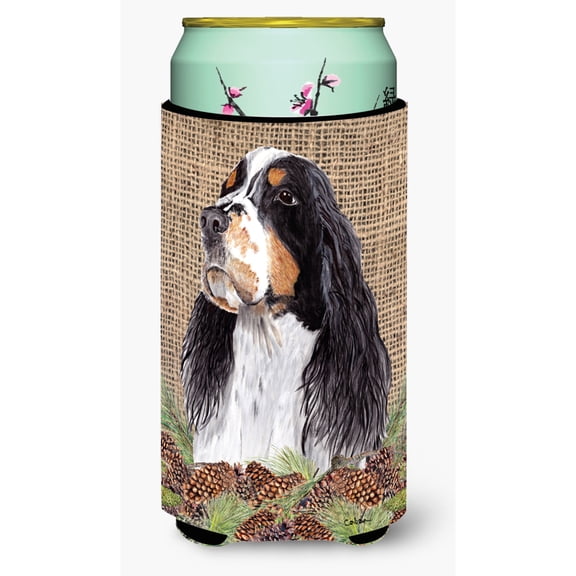 Springer Spaniel Faux Burlap and Pine cones Tall Boy Hugger