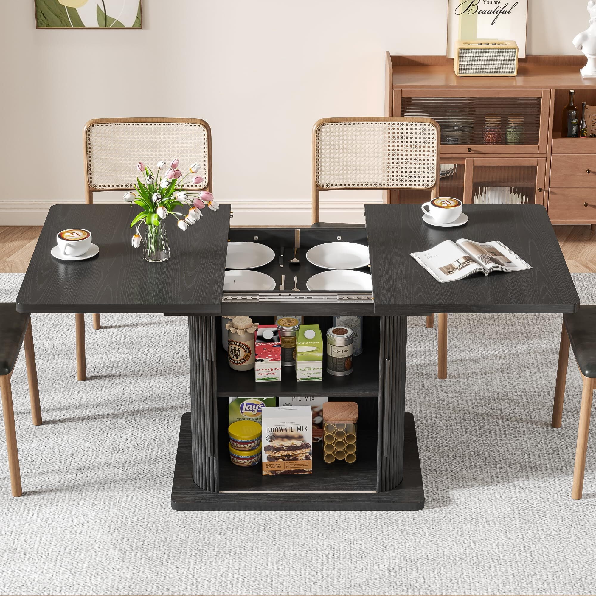 Extendable Black Dining Table 47-65", Seats 4-6, Fluted Wood Kitchen Table with Storage, Sliding Doors, Space Saving, Black