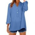 thumbnail image 4 of AKEGAMN Women's Loose Stand Collar Solid Color Long Sleeve Cotton Linen Blouse, Blue S-5XL, 4 of 9