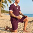 thumbnail image 5 of LTTVQM Mens Relax Stretch Waffle Knit Contrast Trim Polo Tee Elastic Waist Drawstring Casual Short Summer Outdoor Beach Tracksuit Wine 3XL, 5 of 9