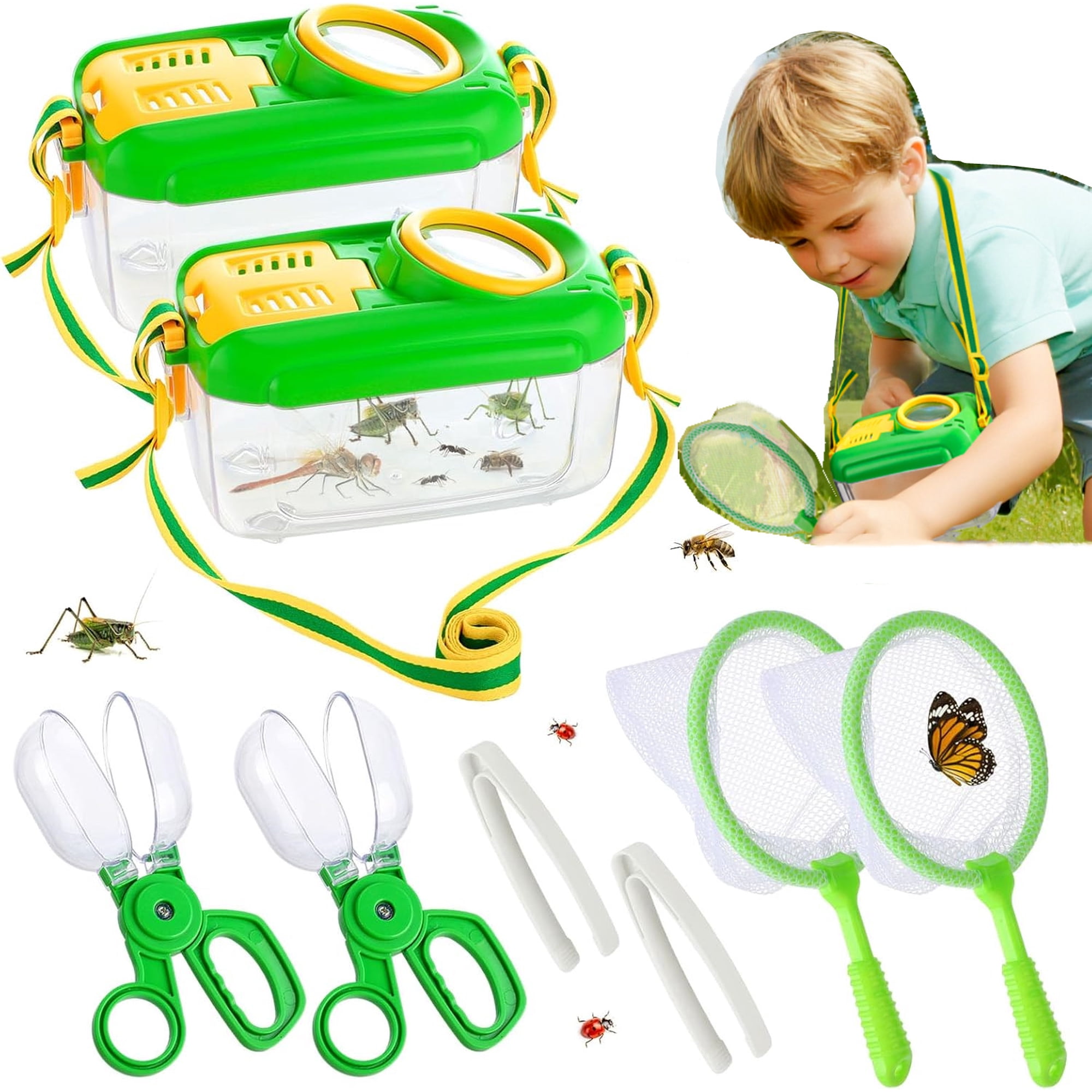 2 Pack Bug Catcher Kit for Boys Girls, Bug Catching Kit with Butterfly Net, Critter Keeper, Insect Catcher - Butterfly Bug Explorer Kit