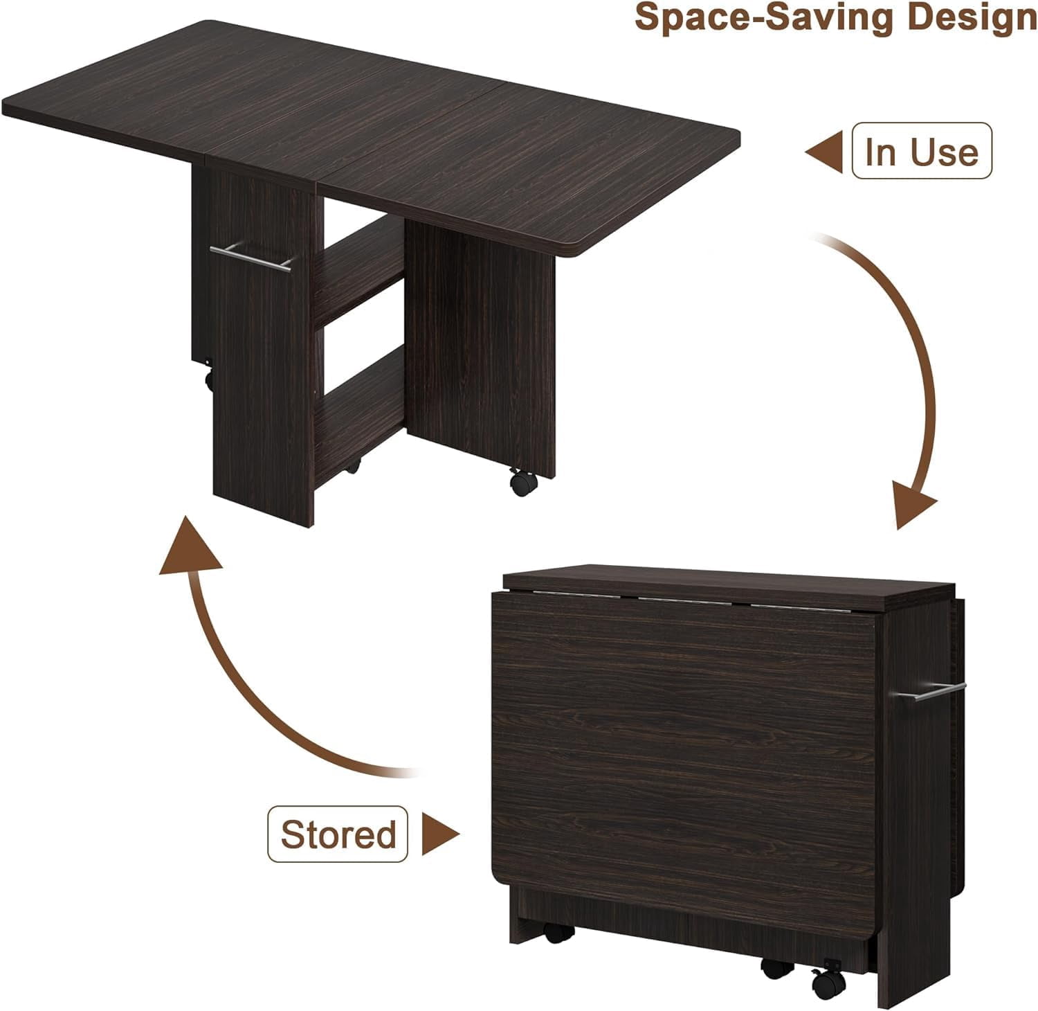 GAOMON Space-Saving Folding Dining Table with Drop Leaf & 2-Tier Storage, Expandable Farmhouse Table for Kitchen, Dining Room, or Small Spaces, Dark Walnut