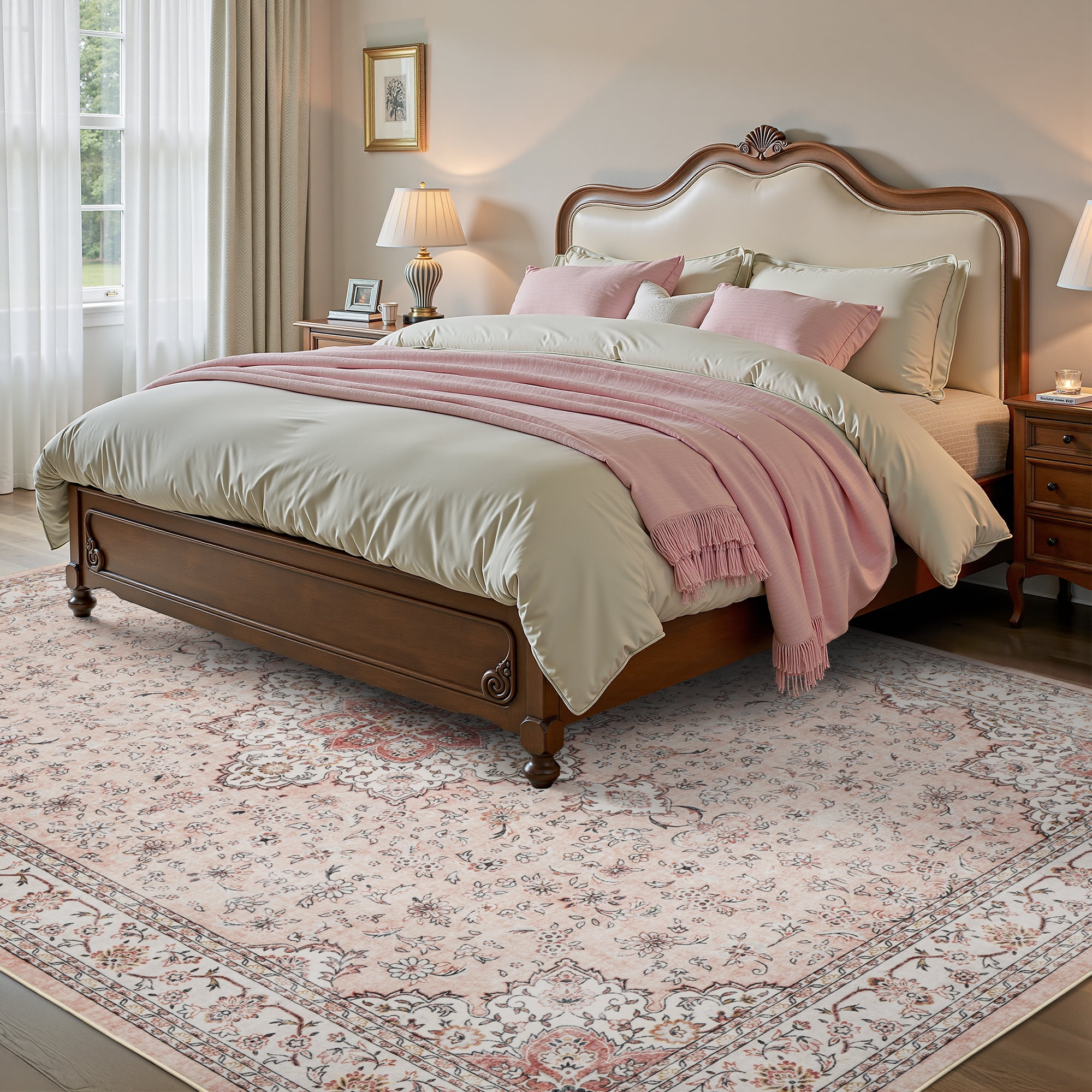 SIXHOME 9x12 Feet Washable Non-Slip Area Rug - Traditional Distressed Vintage Pink Rug with Retro Floral Design, Ultra-Soft Indoor Large Carpet for Living Room, Bedroom, Dining Room