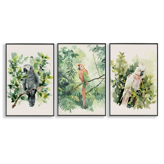 Stupell Industries Tropical Parrots in Jungle Animals Painting Black Framed Art Print Wall Art, 12 x 18, Set of 3