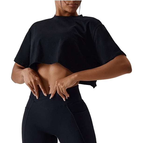 Camisetas cortas de algodón para mujer, camisetas de manga corta para yoga, camisetas deportivas informales para correr