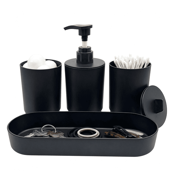 ACDANC 4-Piece Plastic Matte Black Bathroom Accessories Set - Lotion Soap Dispenser (10 Oz / 300Ml),Tumbler,Cotton Swab Cup & Tray (7.87" × 2.56"),Compact Organizer for Apartment,Dorm & Guest Bath