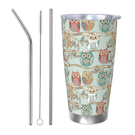 

Gaeub Cute Owl Print 20-Ounce Stainless Steel Car Cup Tumblers Cups with Lids and Straw Coffee Cups for Adults Kids Home Car Office School Travel Party-Straw Three-piece Set