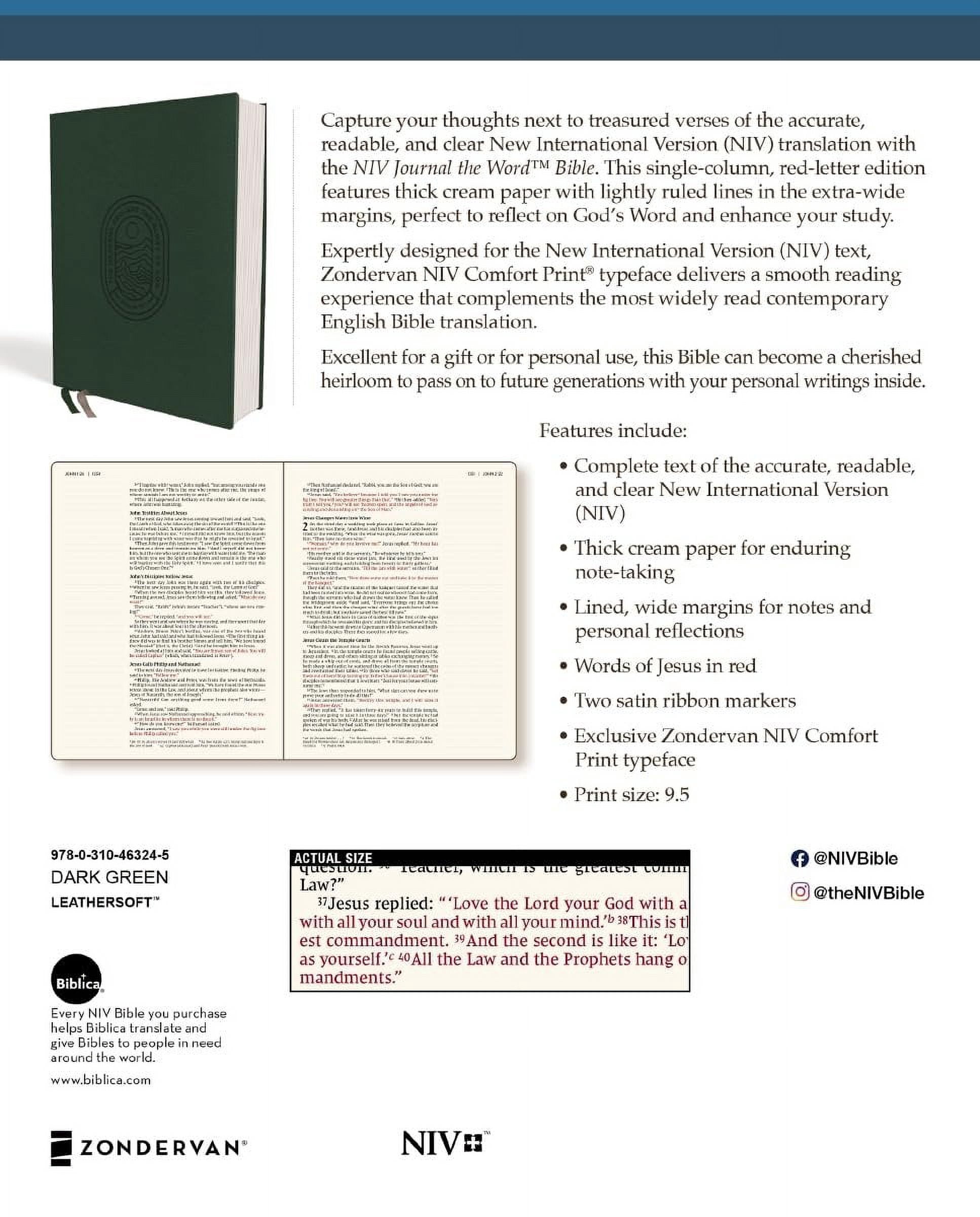 NIV Journal the Word Bible Niv, Journal the Word Bible (Perfect for Note-Taking), Leathersoft, Green, Red Letter, Comfort Print: Reflect, Take Note, (Hardcover)