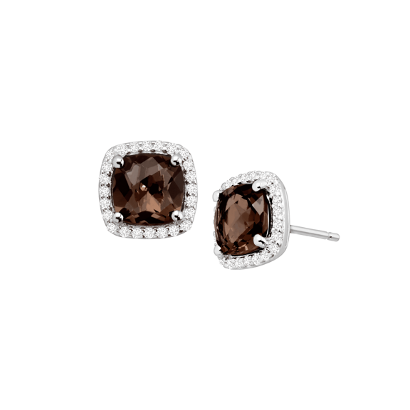 Women's Finecraft Natural Smokey Quartz & Cubic Zirconias Halo Stud Earrings in Sterling Silver