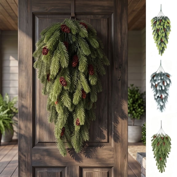 Tyidzon 29in Christmas Teardrop Swag Artificial Pine Needle Door Hanging with Pinecones for Front Door Mantel Wall Indoor Outdoor Decor