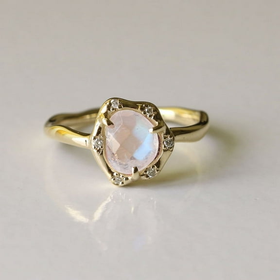 Rainbow Moonstone & Diamond Ring, 925 Sterling Silver Ring, Halo Ring, Party Wear Ring, Minimalist Ring, Gift For Wife