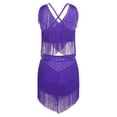 thumbnail image 3 of Lejafay Women's Tassels Belly Dance Outfits V-neck Sleeveless Crop Top with Tiered Fringe Skirt Purple XXL, 3 of 4