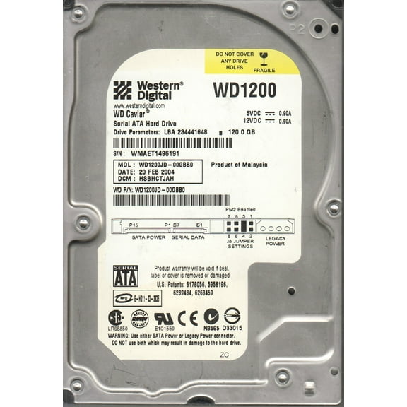 WD1200JD-00GBB0, DCM HSBHCTJAH, Western Digital 120GB SATA 3.5 Hard Drive