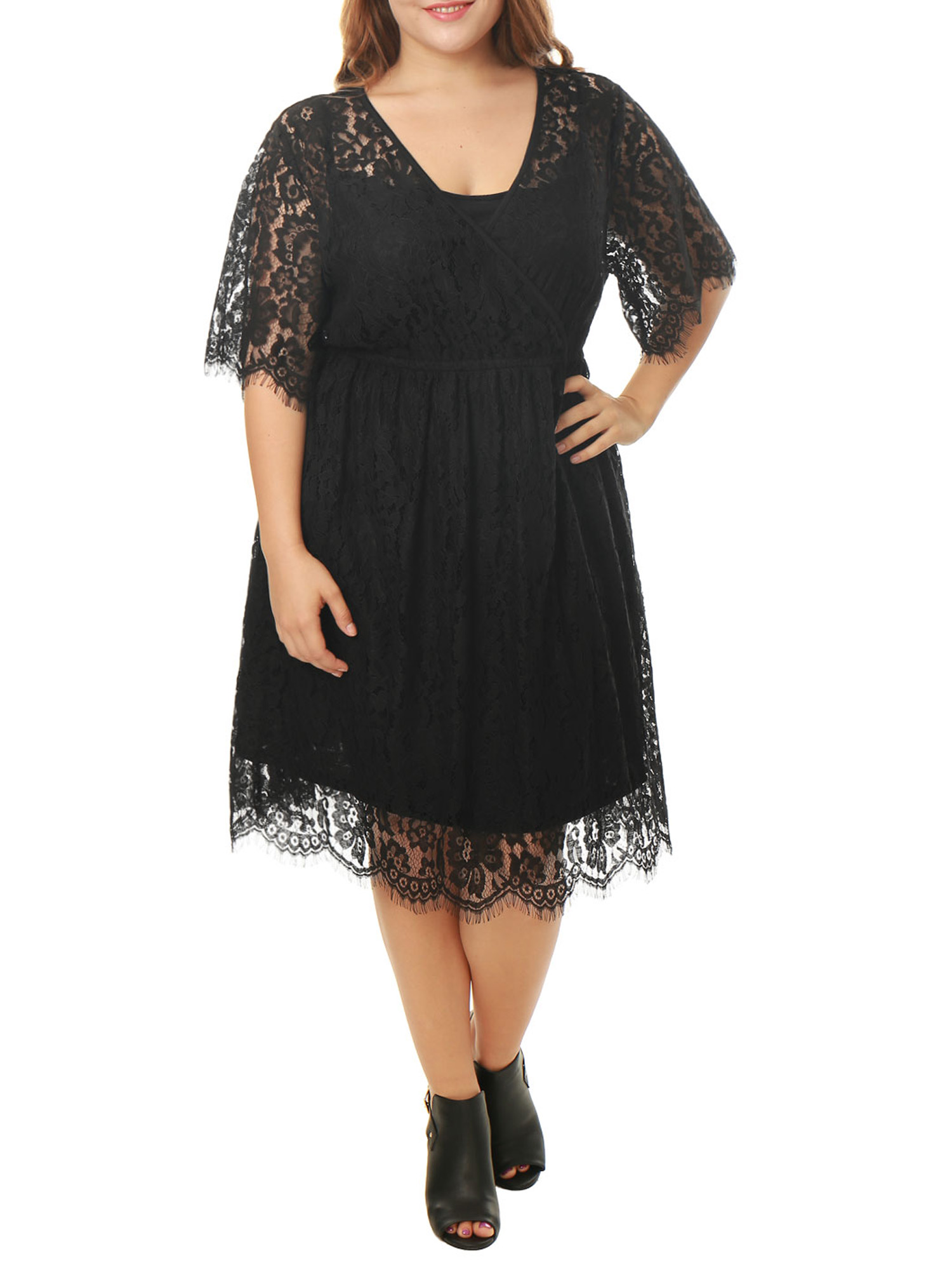 Women's Plus Size Floral Lace Self Tie Waist Wrap Front Dress 