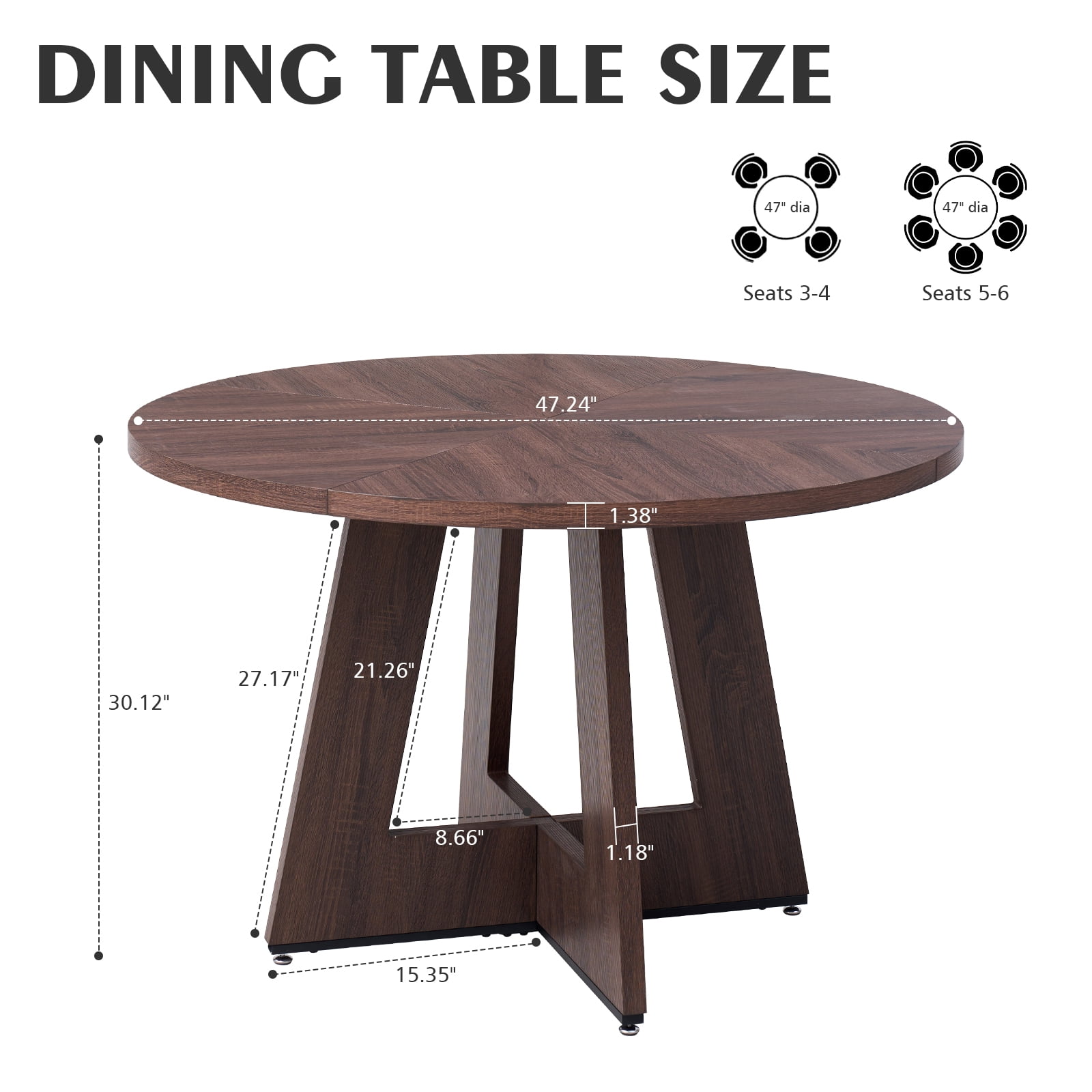 47" Round Dining Table for 4, Fanned Base, 1.38" Thick Top, Farmhouse Wood Kitchen Table for Dining Living Room Home, Walnut Color