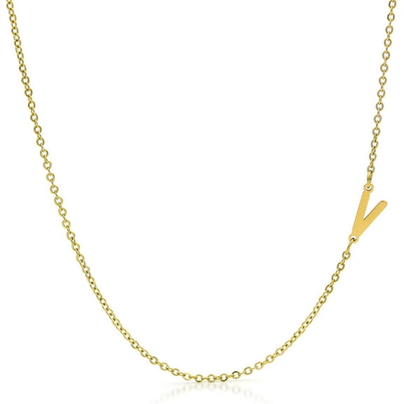 Giorgio Bergamo Stainless Steel Yellow Gold Plated Minimalist, Dainty Sideways A - Z Intial Letter Pendant Mens Womens Necklace, Free Micro Fiber Cloth, Gold, V