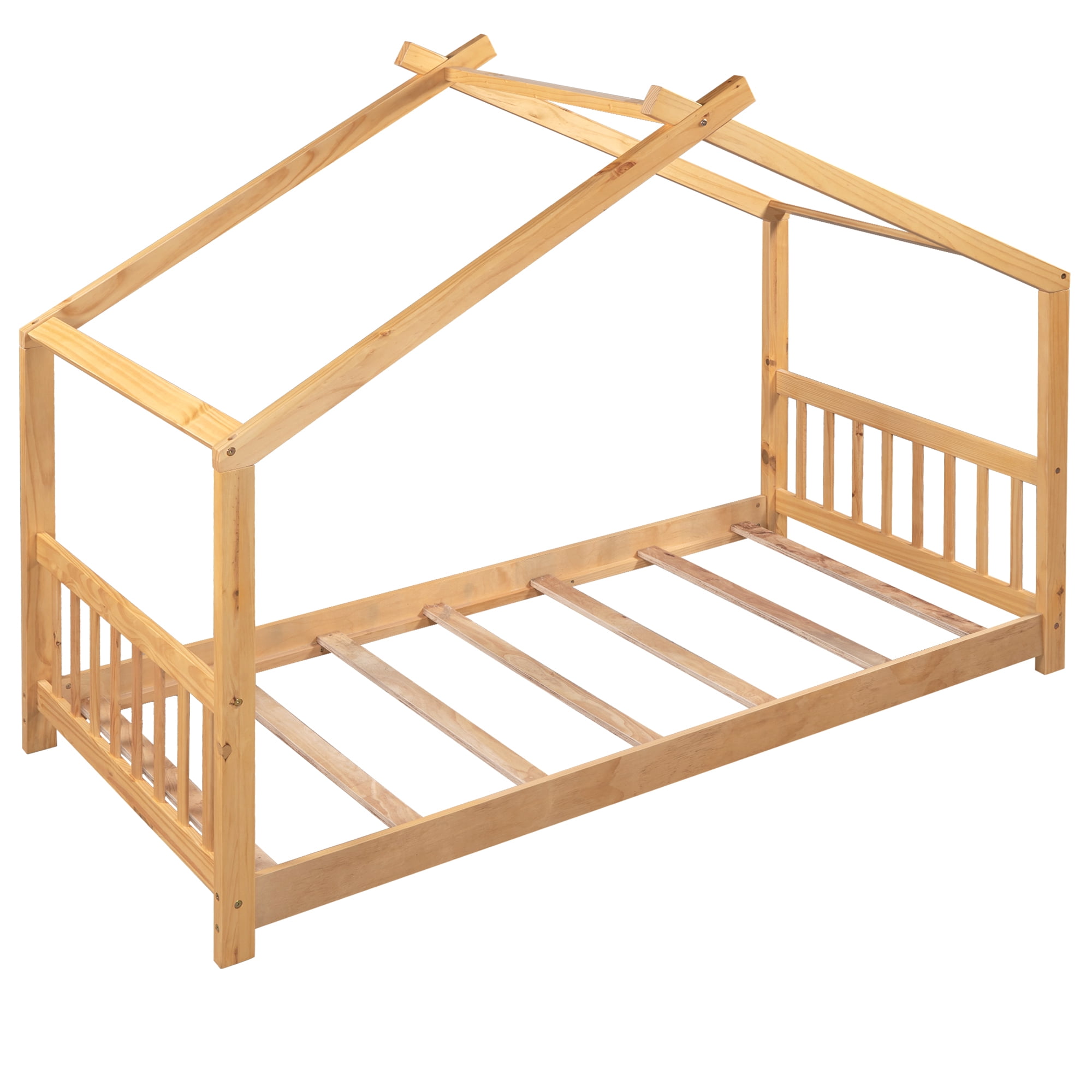 imerelez Twin Size House Platform Bed with Headboard and Footboard,Roof Design,Natural