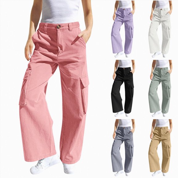 4-5 Years Teen Girls Wide Leg Cargo Pants With Pockets Elastic High Waisted Baggy Hip Hop Work Pants Trousers Casual Sweatpants Fall and Winter Purple Sweatpants