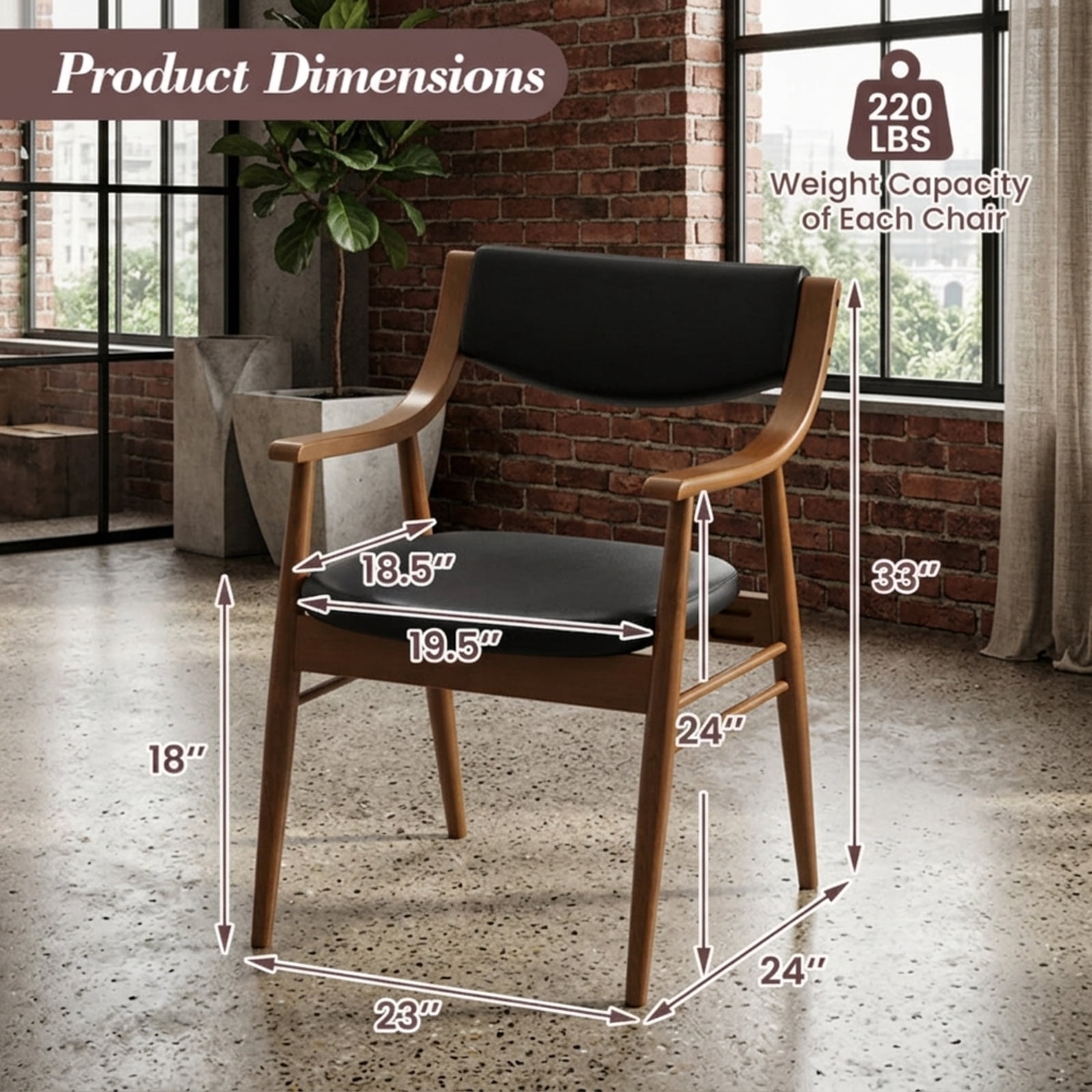 Furnibear Wooden Dining Chair Set of 2 with Padded Seat and Back for Kitchen Dining Room Living Room Home, Black
