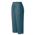 thumbnail image 7 of JFGHDG Women's Casual Linen Cropped Pants High Waisted Drawstring Elastic Waist Wide Leg Capri Pants with Pockets and Split Hem Blue 4XL, 7 of 7