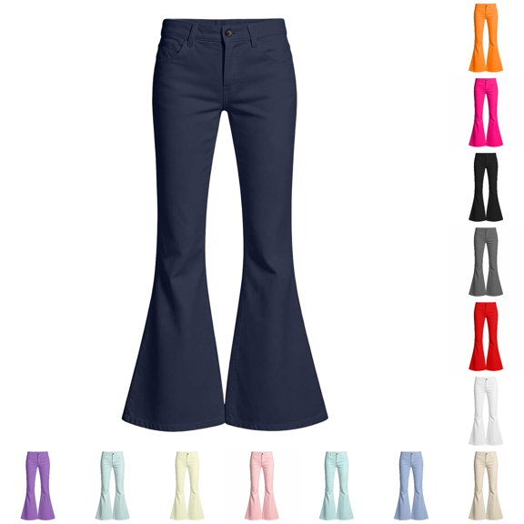 CUZIBR Girls Flared Pants High Waist Solid Color Classic Bell Bottom Stretch Casual Streetwear Trousers With Front Pockets For Kids Back To School Fashion Bottoms,Navy,13-14 Years