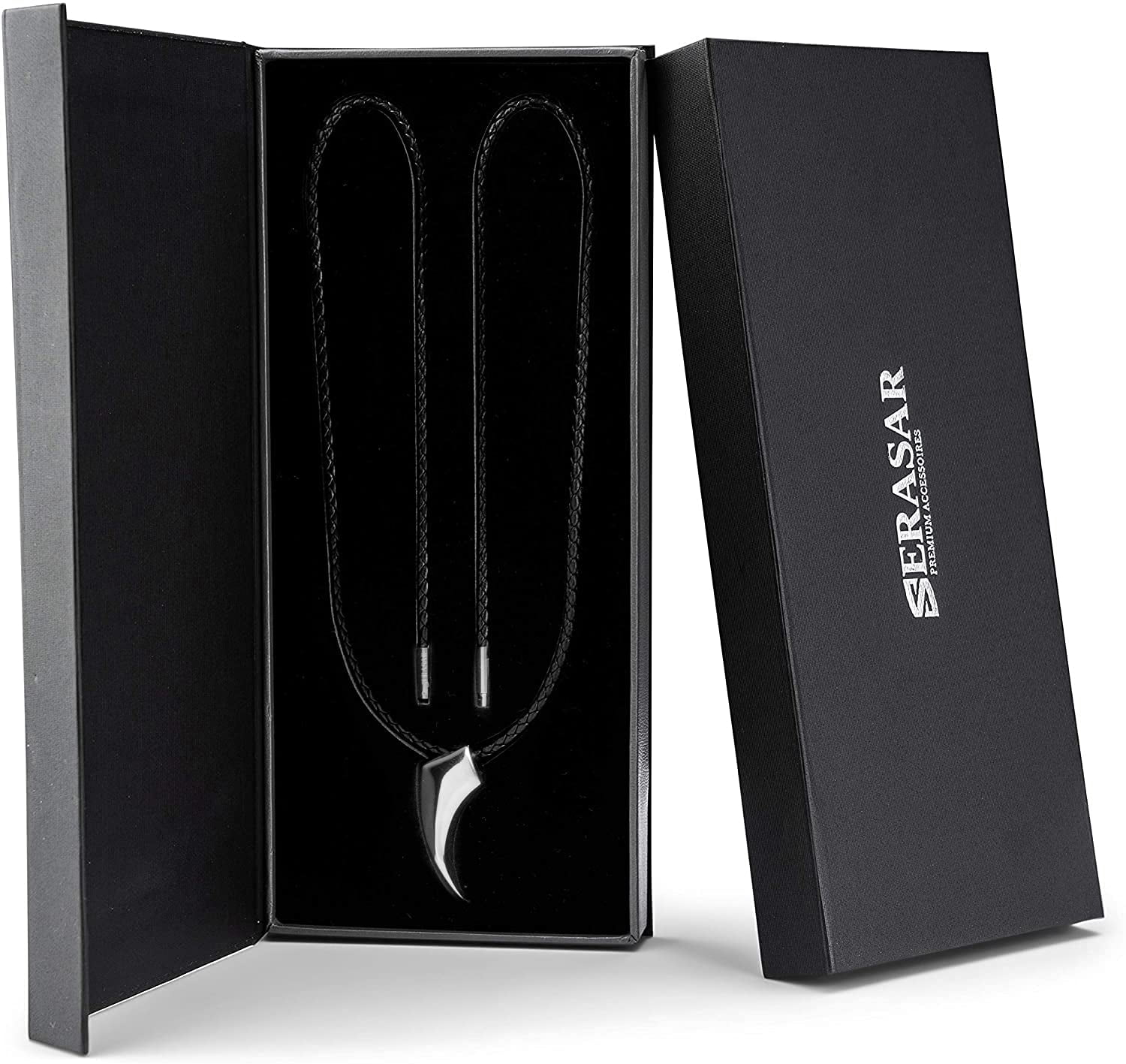 SERASAR Leather Necklace for Man "Wolf" with Stainless steel Pendant and Magnetic Closure, Silver 60cm, incliding Gift box