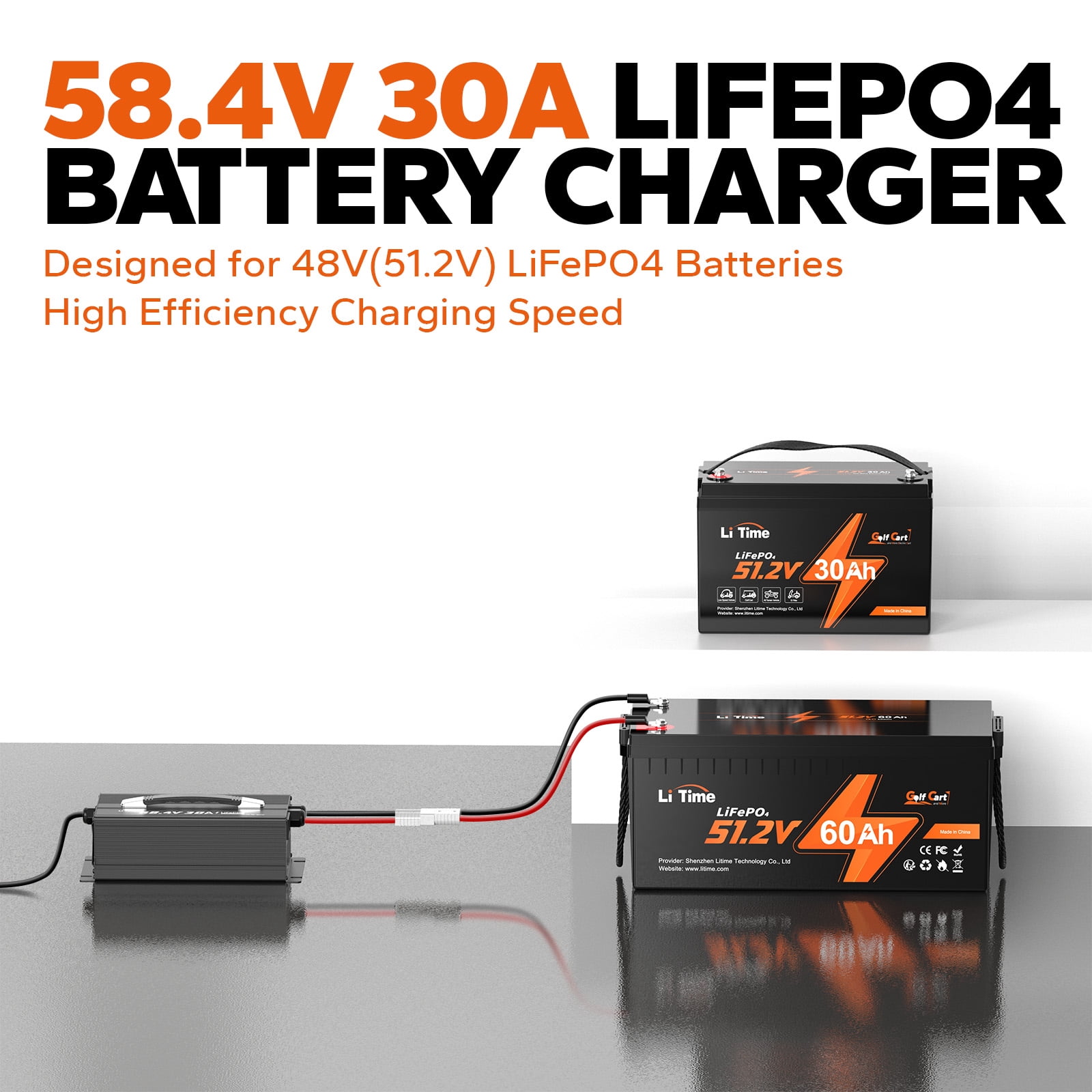 LiTime 51.2V/48V 30A LiFePO4 Lithium Battery DC Charger 48 Volt Lithium Battery Charger Dedicated for Lithium LiFePO4 Deep Cycle Rechargeable Batteries of Boat, RV
