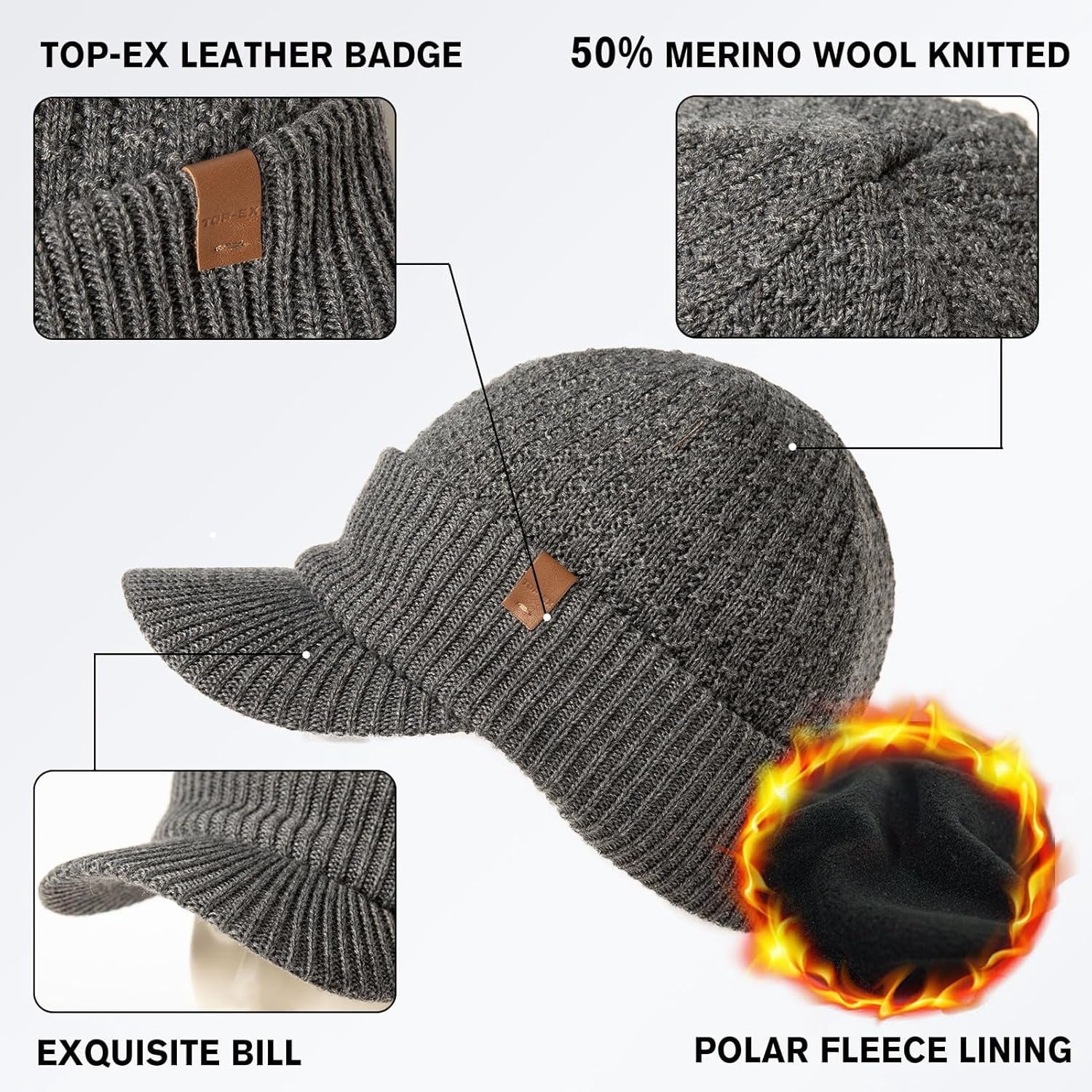 TOP-EX DryKnit™ Waterproof Visor Beanie Hat - Men Women Winter Merino Wool Fleece Lined Skull Cap, Cold Weather Gray, XL XXL XXXL Extra Large Big Head Oversize