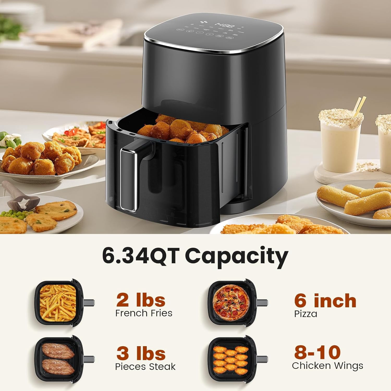 Air Fryer, 6-Quart Smart Air Fryer, 12-in-1 Functions - Air Fry, Roast, Reheat, Dehydrate, Bake, Steam, and More, 400Â°F Max Temperature, Black