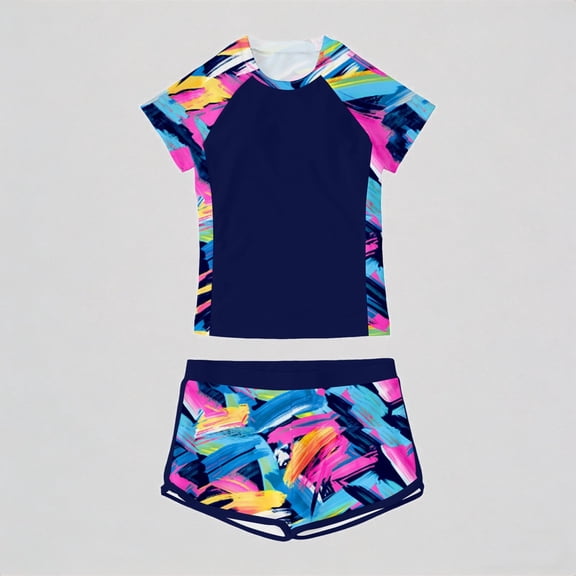 REDARER Girls 2-Piece Swim Set â Brushstroke Print Rash Guard & Shorts, UPF 50  Sun Protection, for Beach Pool Summer Play,9-10 Years