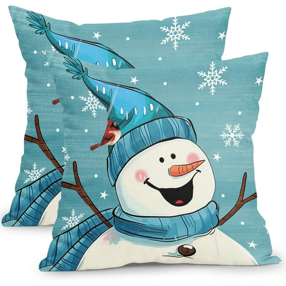 Winter Blue Snowman Pillow Covers 18x18 Inch Teal Christmas Snowman Snowflake Outdoor Decorative Throw Pillow Covers Set of 2 Holiday Pillowcases Cushion Covers for Couch Home Decor