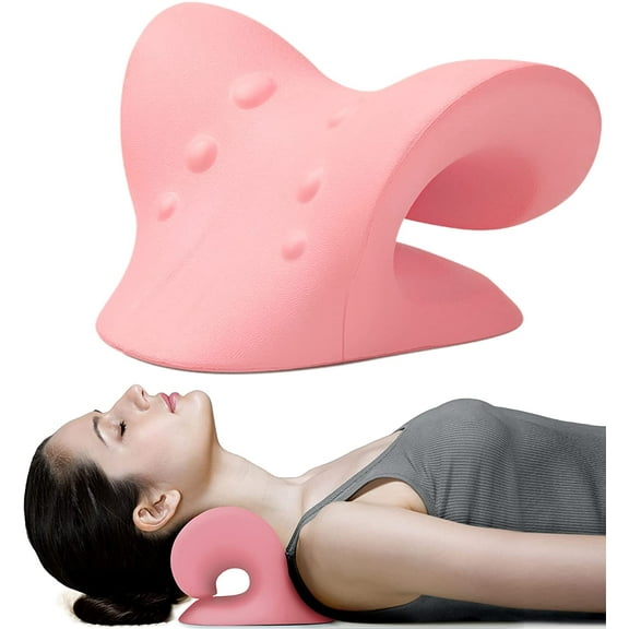 Neck and Shoulder Relaxer, Cervical Traction Device for TMJ Pain Relief and Cervical Spine Alignment, Chiropractic Pillow Neck Stretcher (Pink)