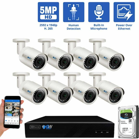 GW Security 8 Channel NVR 5MP AI Human & Vehicle Detection IP PoE Outdoor Indoor Microphone Bullet Security Camera System