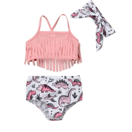 

Sunisery Newborn Baby Girls 3PCS Swimsuit Solid Color Tassel Bikini Tops Cartoon Dinosaur Bottoms Headband Pink 18-24 Months