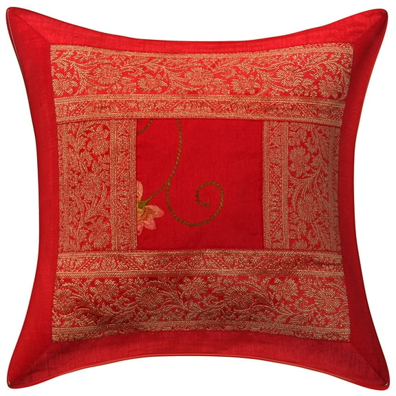 Stylo Culture Indian Chair Seat Throw Pillow Cover Embroidered 16 x 16 Brocade Patchwork Red Traditional 40cm x 40cm Lounge Decor Polydupion Floral Square Cushion Cover | 1 Pc