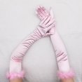 thumbnail image 2 of Ljudmp Womens Long Opera Party Gloves 1920s Satin Elbow Length Glove With Feather Cuff Stretchy Full Finger Gloves for Tea Party Costumes Pink, 2 of 4