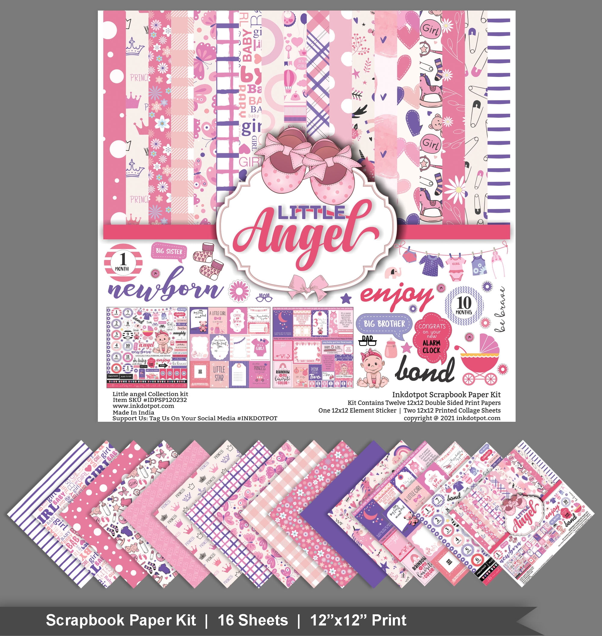 Inkdotpot Pink Baby Girl Theme Collection Double,Sided Scrapbook Paper Kit Cardstock 12"x12" Card Making Paper Pack Of With Sticker Sheet - 16 Pages - Baby Pink