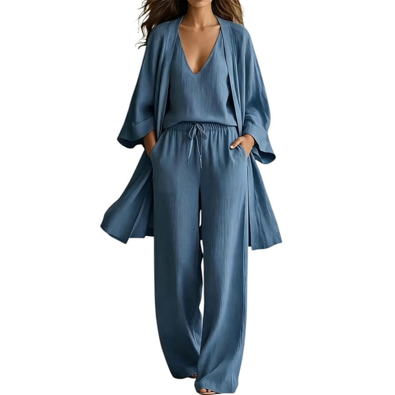 GZWYHT Womens Casual Outfits Summer Loose Fit V Neck Cami Top and Wide Leg Pants Sets with Cardigan 3 Piece Sets Blue L