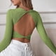 thumbnail image 4 of Slatcetga Camisa de punto para mujer, manga larga, cuello redondo, sin espalda, corte entallado, jersey para mujer, Top corto para citas diarias, vacaciones, verde S, 4 of 6