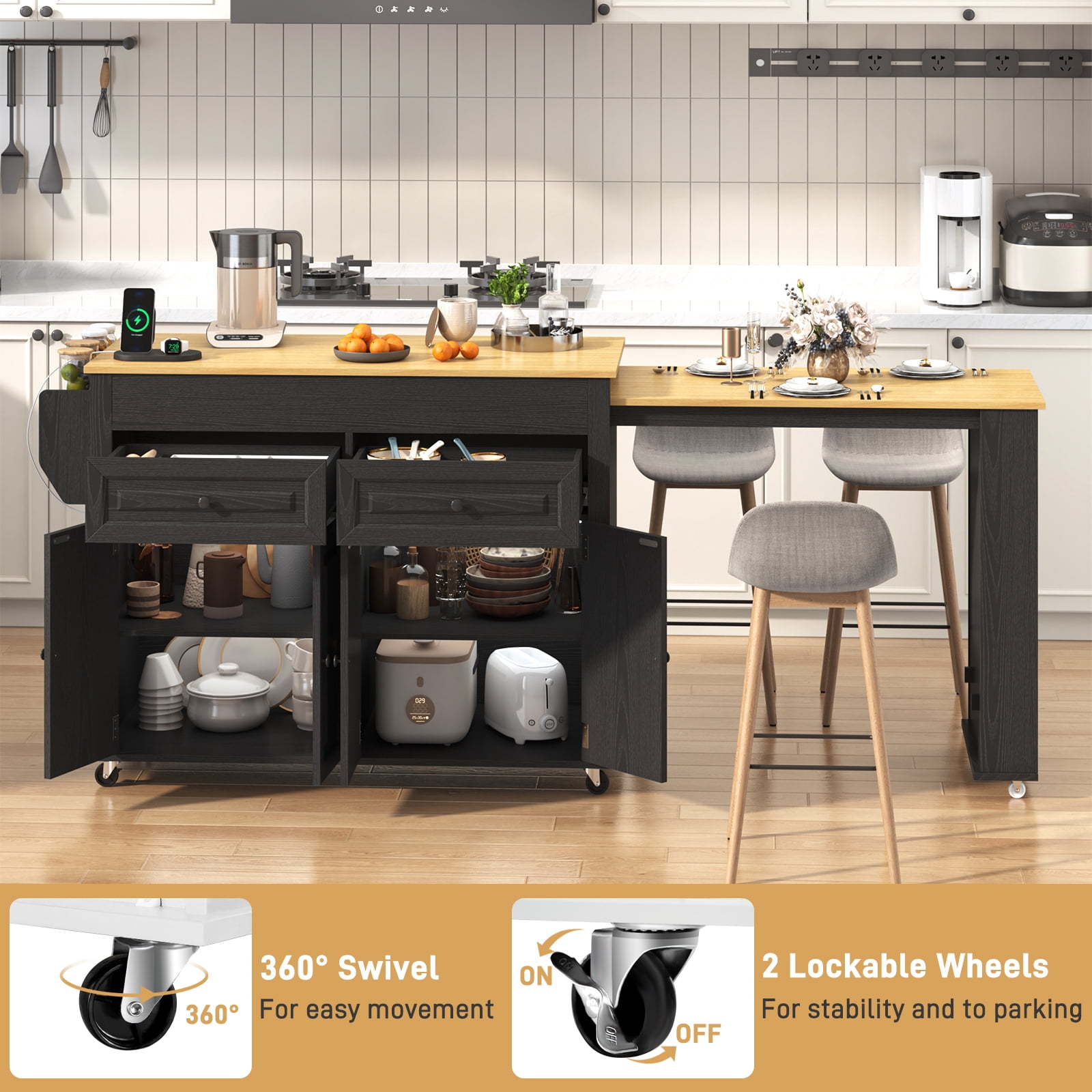 Blotout Large Extendable Kitchen Island Cart (80"-48") - Rolling on Wheels, with Extendable Dining Table, Power Outlet, 2 Cabinets, 2 Drawers & 3 Open Shelves