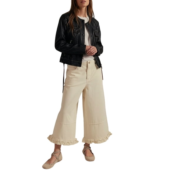 Women Ruffle Hem Wide Leg Jeans Mid Rise Cropped Denim Pants with Pockets Cream White M