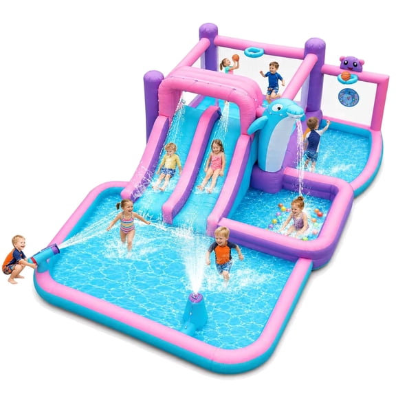 Anypool Inflatable Water Park Double Slide Bouncer with Splash Pool, Water Gun, Basketball, Climbing Wall for Ages 3-12, 164 x 238 x 67 inches