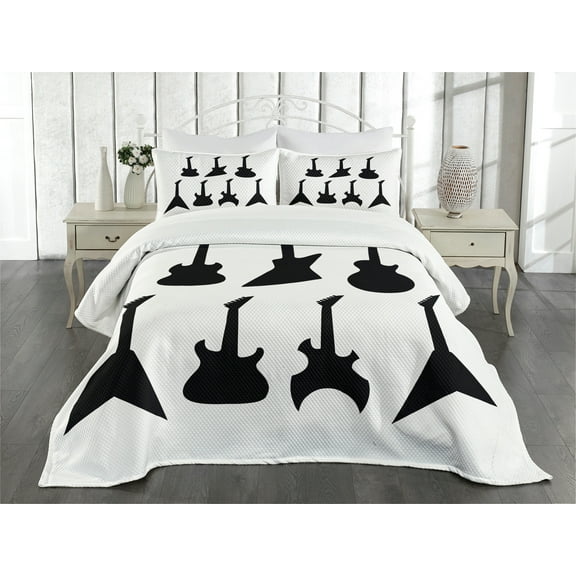 Ambesonne Rock Music Quilted Bedspread Set 3 Pcs, Guitar Silhouettes, King Size, Black White