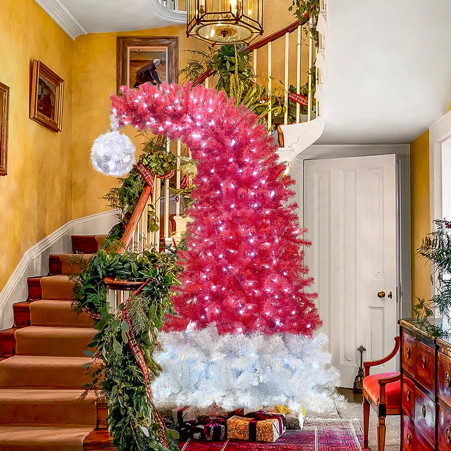 Kadyn 6ft Christmas Tree, Hinged Fraser Fir Artificial Fir Bent Top Christmas Tree, Pre-lit Slim Christmas Tree with LED Lights, Red