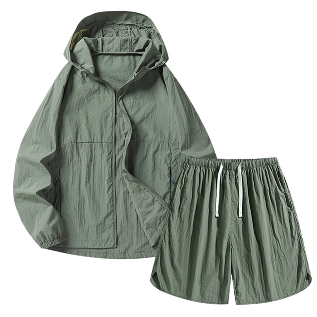 Hooded Sun Protection Jacket and Short Pants Suit for Men, Breathable Polyester Outdoor Fishing Exercise Set, Black S
