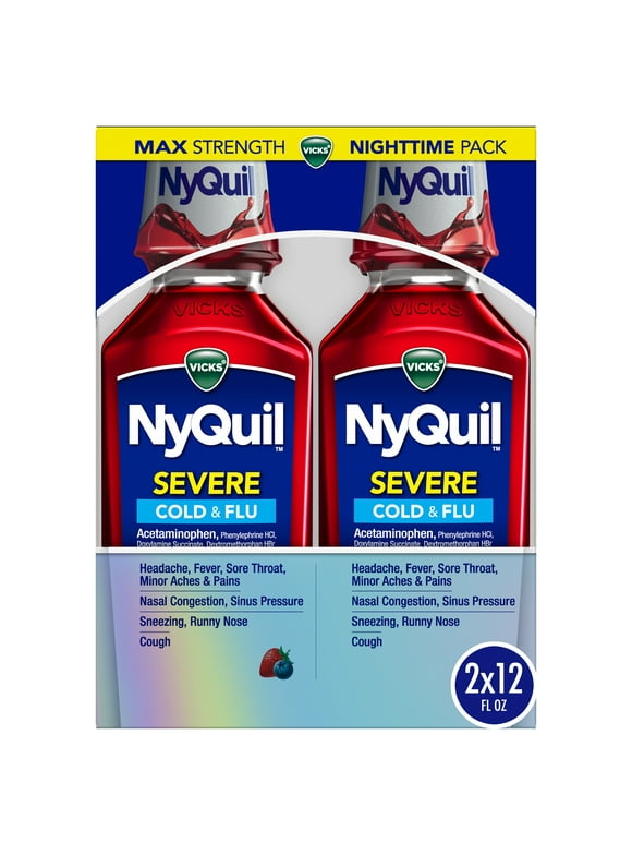 Vicks NyQuil Severe Cold & Flu Liquid, Nighttime Relief, over-the-Counter Medicine, Berry, 2x12 oz