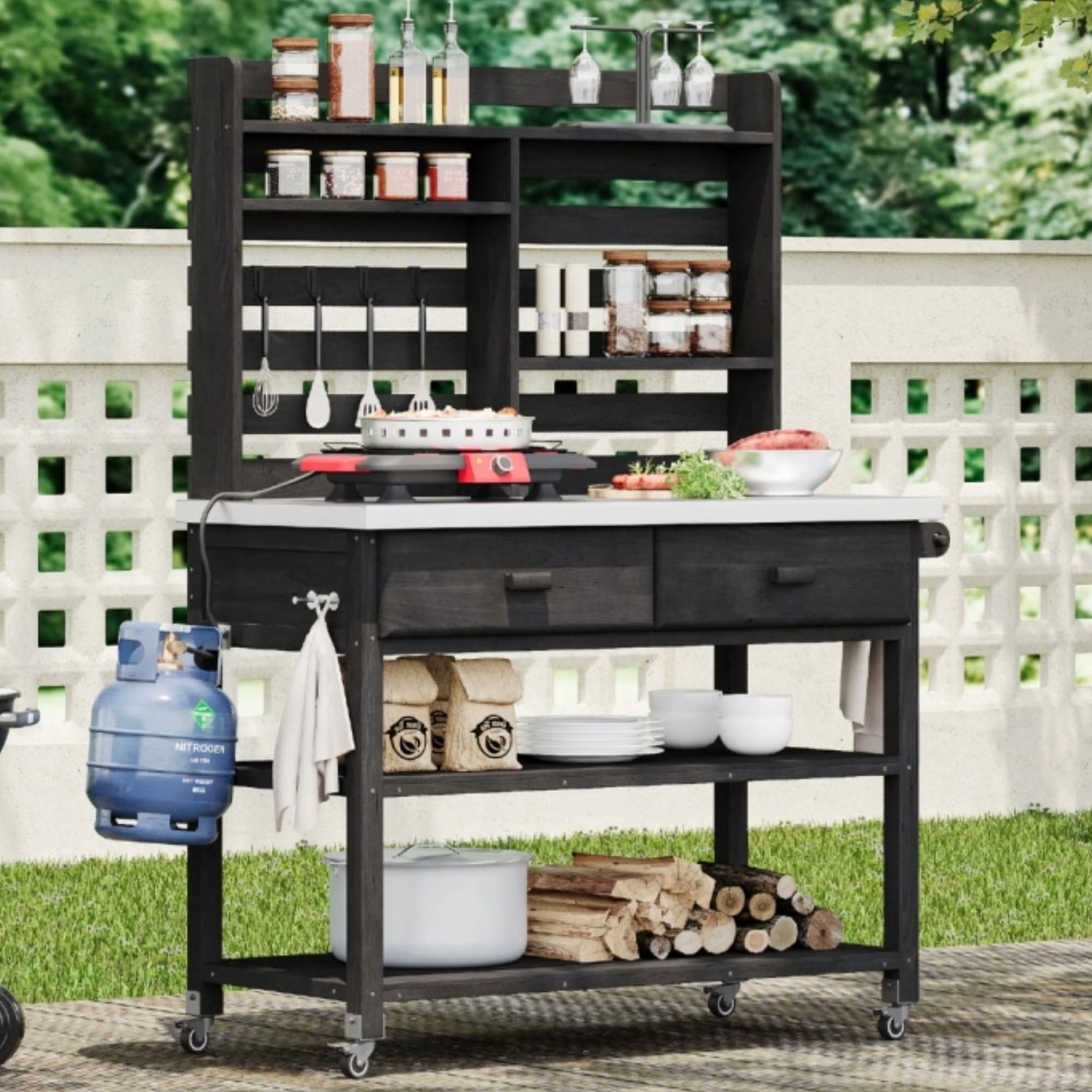 MAYEERTY 65" Tall Outdoor Potting Bench with Lockable Wheels, Wood Outdoor Heavy Duty Workstation for Gardening, Grilling, Patio