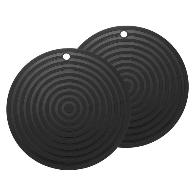 2 Piezas de Alfombrillas de Silicona para Ollas y Sartenes, Soportes Redondos de 9" para Ollas Calientes con Agujero para Colgar para Ollas y Platos Calientes (Negro)