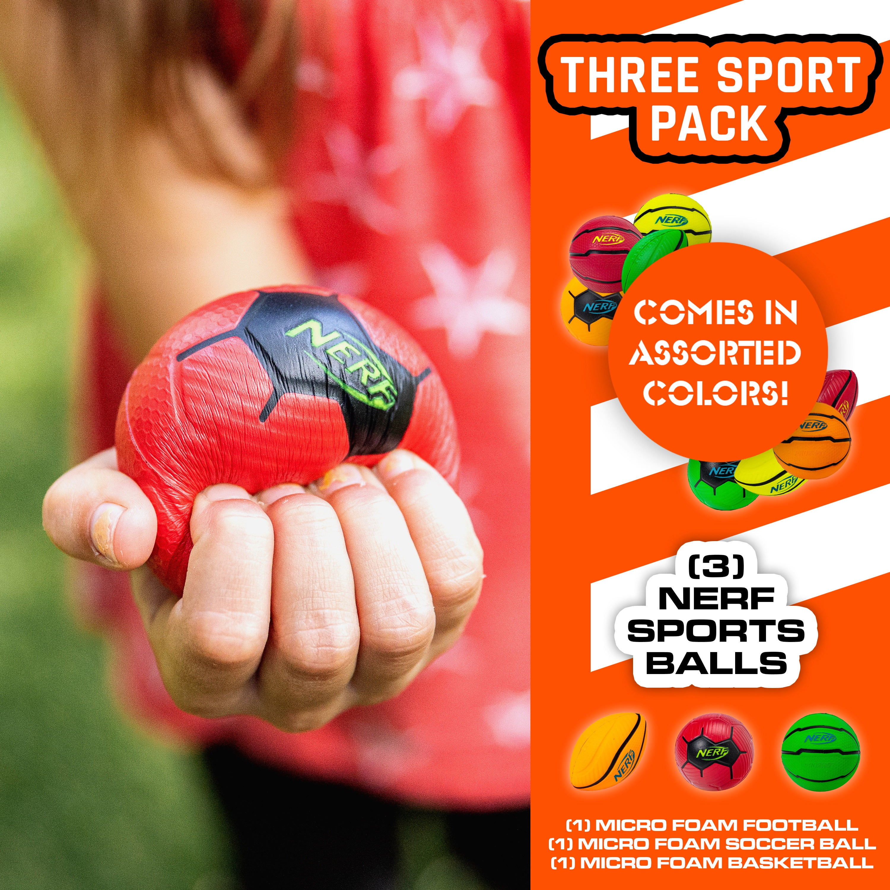 NERF Micro Foam Sports Ball - Assorted Football, Soccer Ball or Basketball - 1 Ball