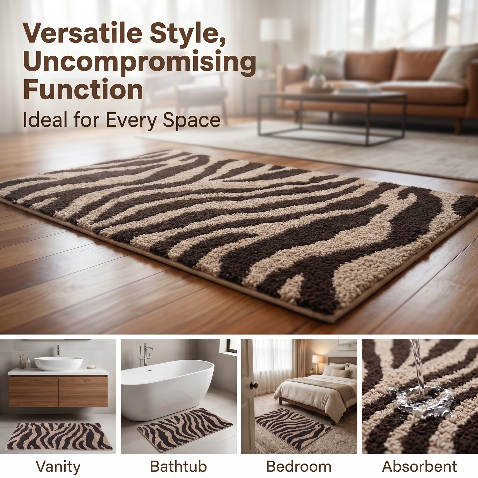Unique Bargains Zebra Print Absorbent Non Slip Machine Washable Bath Mat Brown 24" x 16"